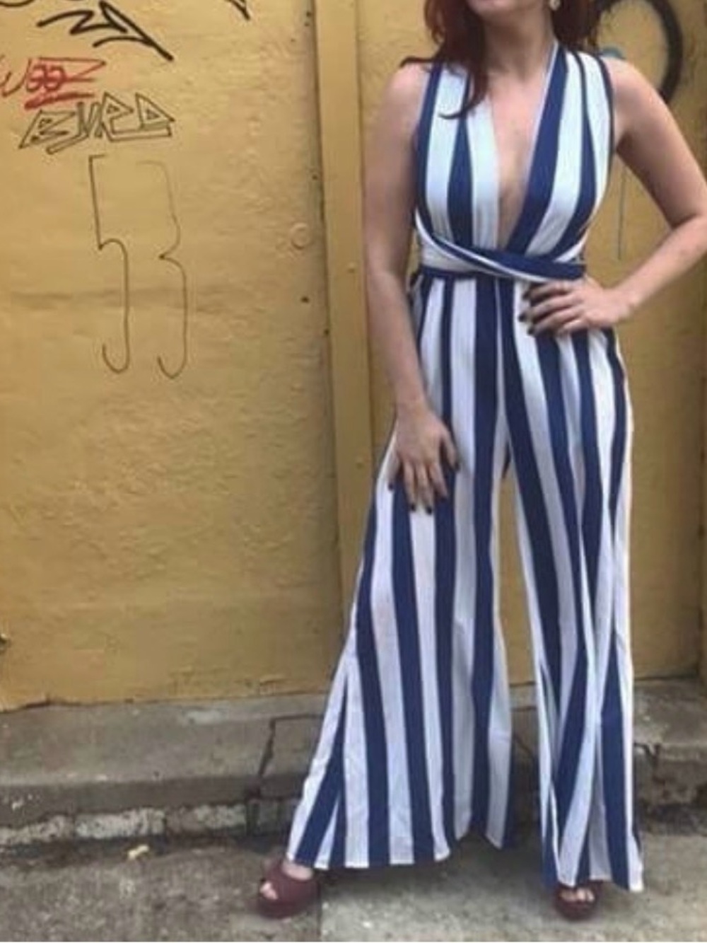 L'ATISTE Navy and White Vertical Stripe Wide-Leg Jumpsuit
